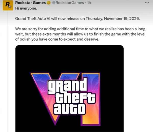 《GTA 6》延期至2026年11月19日发售 《GTA 6》延期至2026年11月19日发售